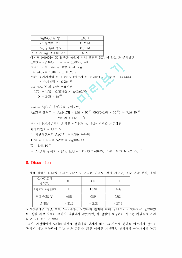 [자연과학] [일반화학실험] 화학 전지 실험 보고서[다니엘 전지를 기본으로 전지의 기전력, 전기 전도도, 표준 전극 전위, 용해도곱상수라는 개념, 또한 Nernst식을 도입하여 전자에 대해 구체적으로 알아보는 실험].hwp